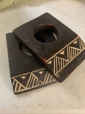 Ghanda Black Wooden Napkin Rings with Carved Cream Geometric Detail Set of 4